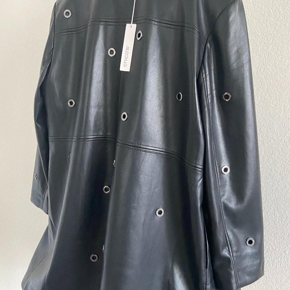 Chic Women's Black Faux Leather Trench Jacket w/Fossil Gray Metal Rings: Size XL - Picture 3 of 11